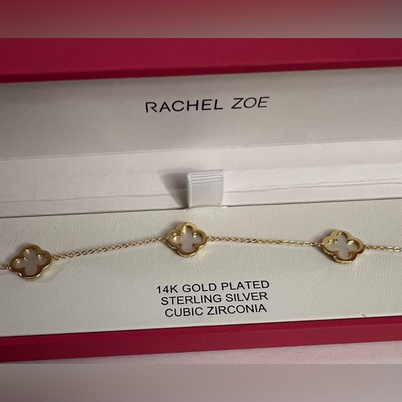 Rachel Zoe 14K Gold Plated Bracelet 4 Leaf Mother Of Pearl Cubic Zirconia  New - Picture 4 of 16
